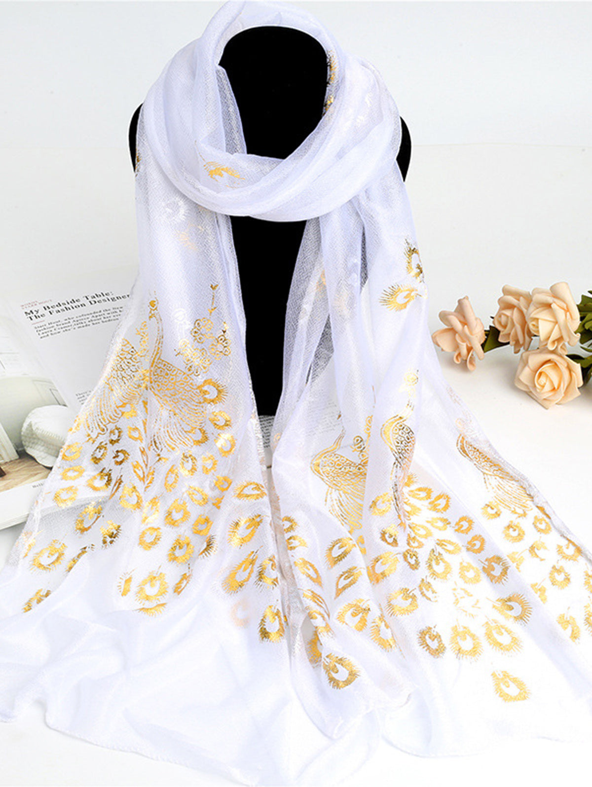 Elegant Plain Peacock Gold Stamping Lightweight Shawl