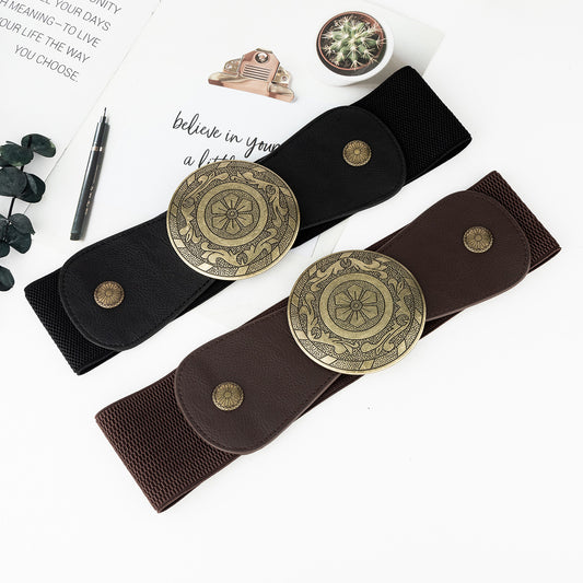 European And American Retro Western Waist Elastic Elastic Waist Belt Female Wide Version Waist Punk Style Metal Carved R
