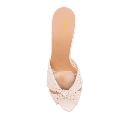 Elegant Mesh Open-Toe Nude Women's Heeled Mules with Rhinestone