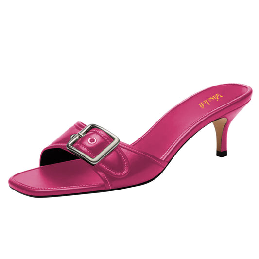 Fuchsia Square Toe Kitten Heel Buckle Mule Shoes for Women