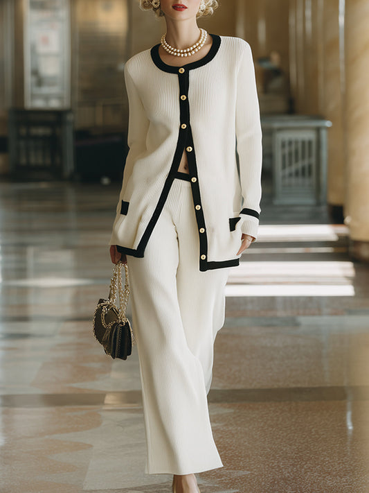 Elegant Classic Hemmed White Knitted Cardigan Wide-leg Pants Set