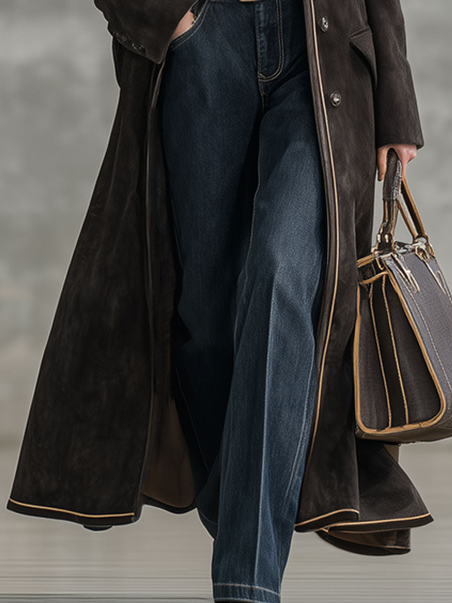 Fashionable Retro Web-Trimmed Cocoa Brown Faux Suede Long Coat