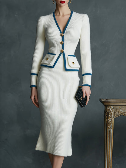 White Knitted Patchwork Blue Button Cardigan And Skirt Set