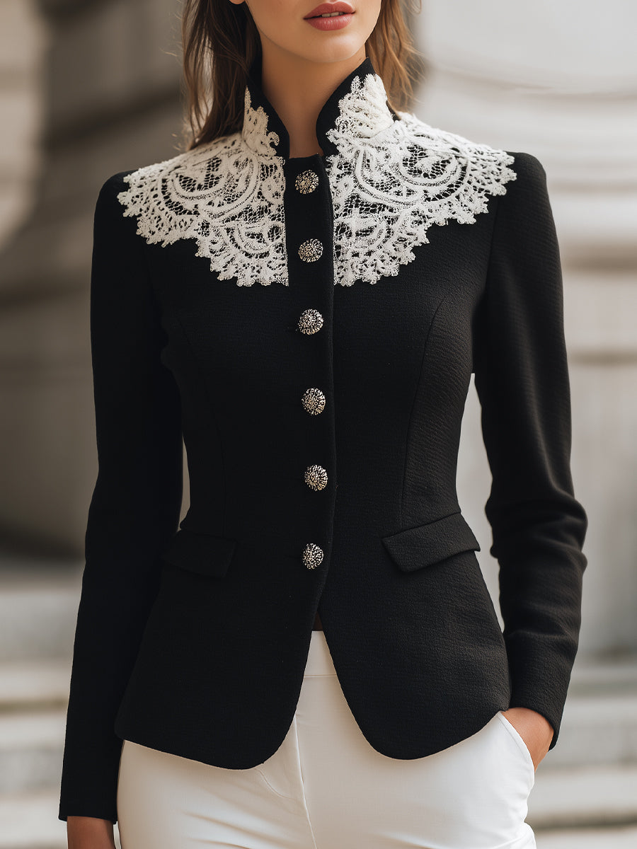 Elegant Black Tailored Blazer With Vintage Lace Collar
