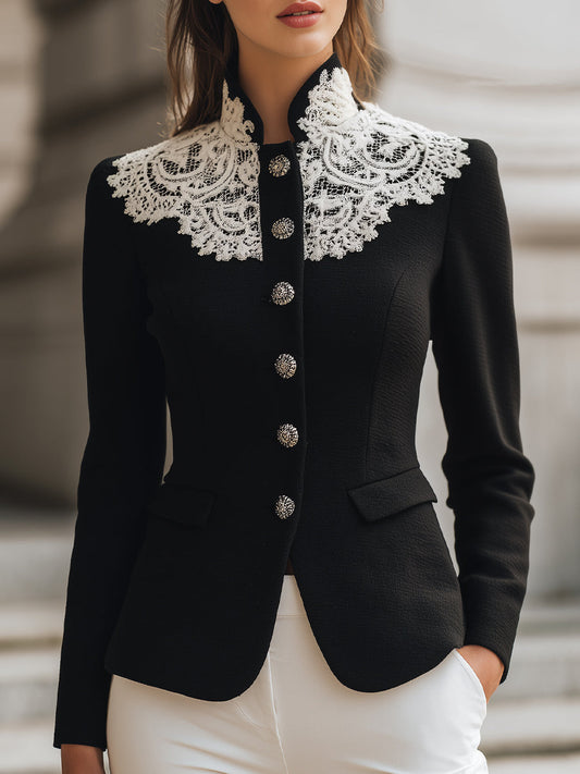 Elegant Black Tailored Blazer With Vintage Lace Collar
