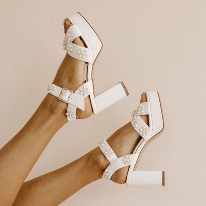 Elegant Ivory Pearl Flower Bridal Shoes Ankle Strap Platform Sandals