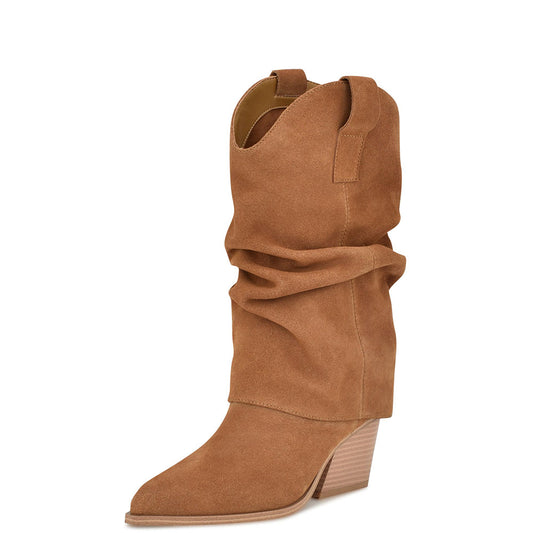Fashion Tan Pointed Toe Fold Over Ankle Boots with Chunky Heel