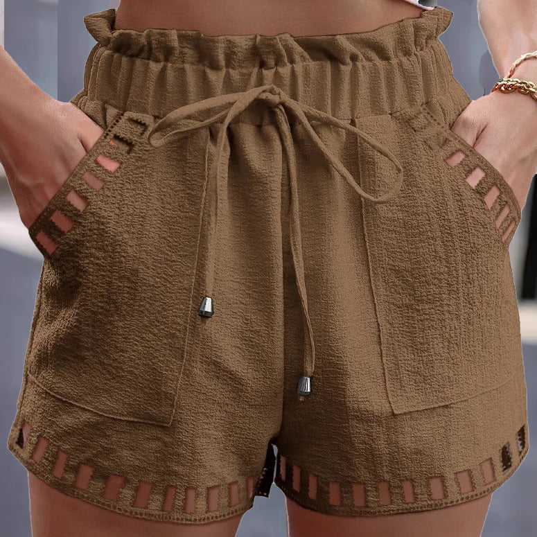 Casual Cotton And Linen Hollow Out Pocket Drawstring Shorts
