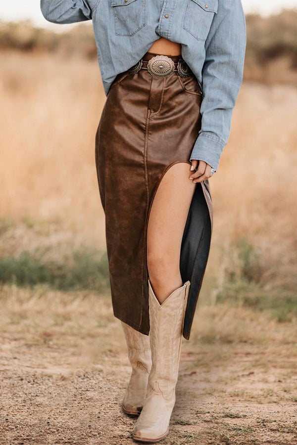 Vintage High Waist Slit Faux Leather Skirt