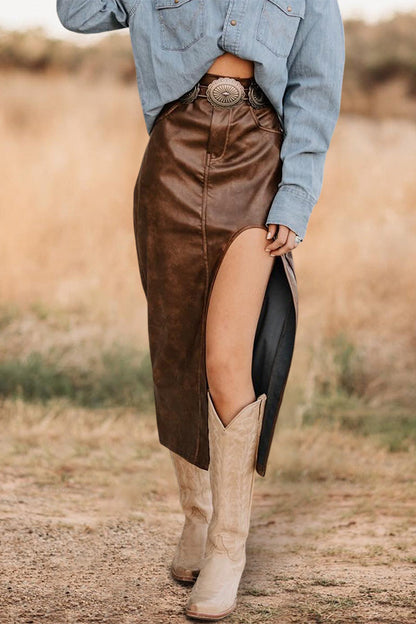 Vintage High Waist Slit Faux Leather Skirt