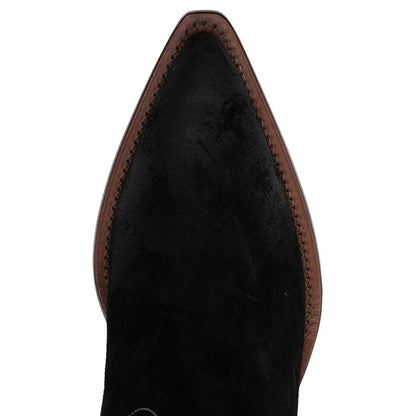 Faux Suede Pointed Ivory Stitched Inlay Wide Calf Cowgirl Boots in Black