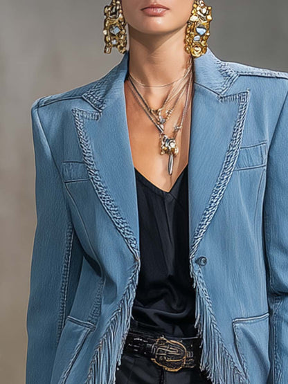 Exquisite Casual Western Style Peak Lapel Tassel Decoration Blue Denim X-shaped Blazer