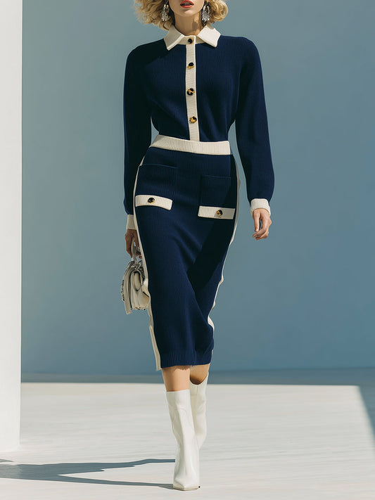 Fashionable And Classic White Contrasting Edge Navy Blue Knitted Midi Dress
