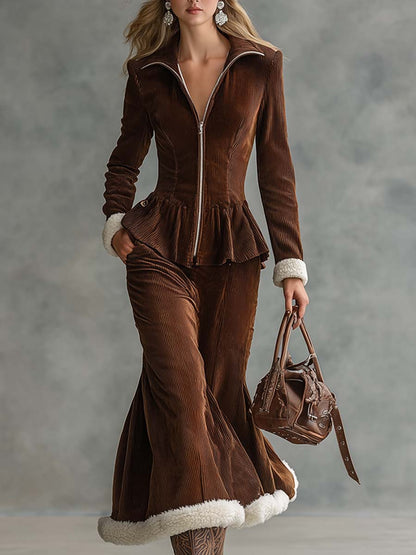 Elegant Lapel Front Zipper Brown Corduroy Cuffs And Hem Long Sleeve Maxi Dress