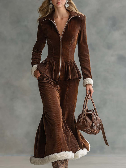 Elegant Lapel Front Zipper Brown Corduroy Cuffs And Hem Long Sleeve Maxi Dress