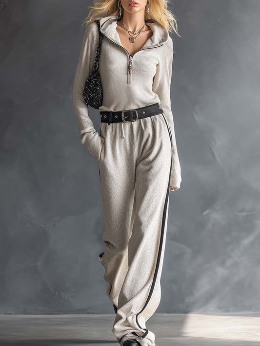Fashionable And Casual Beige Half-zip Hooded Top And Wide-leg Pants Set
