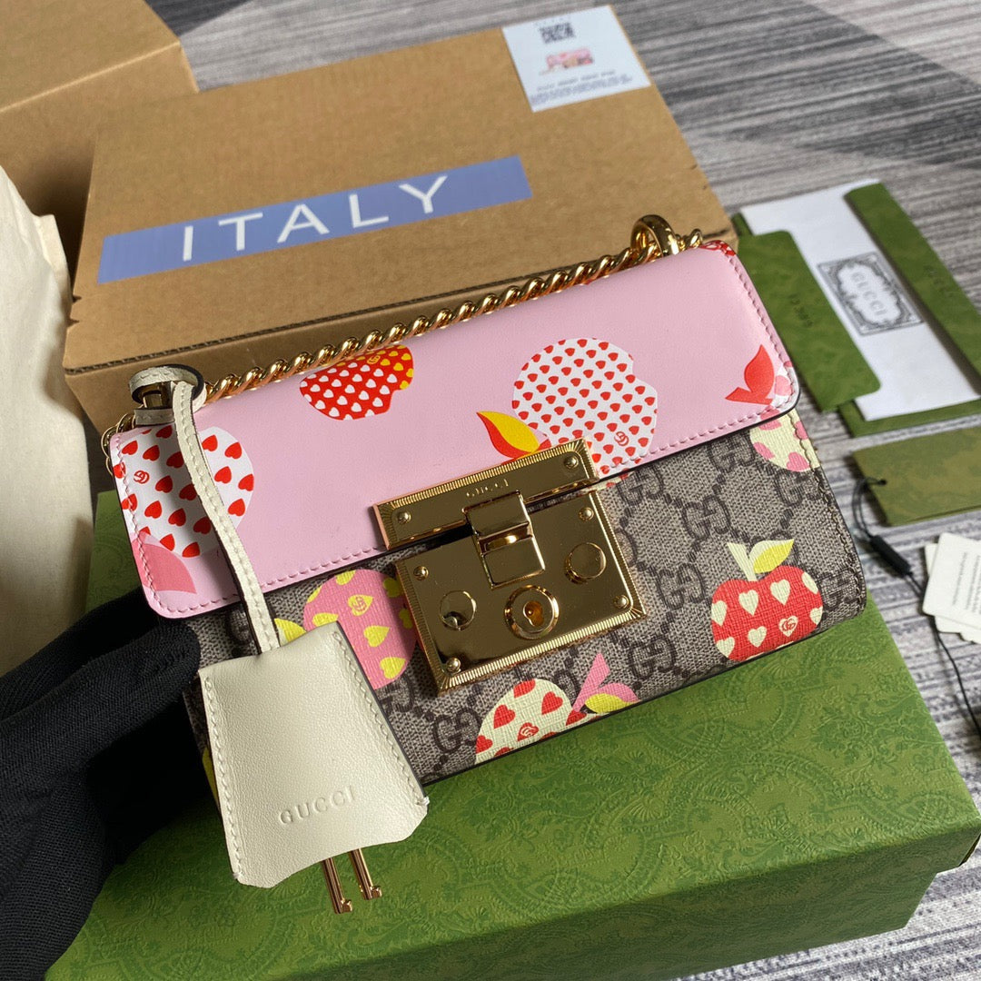 gg Padlock Small gg Strawberry Shoulder Bag Beige For Women, Women&#8217;s Bags 7.9in/20cm gg
