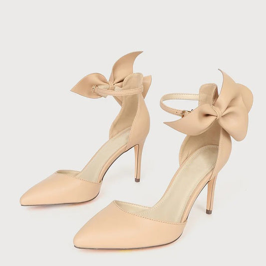 Beige Pointed Toe Stiletto Heel Elegant Ankle Strap Pumps with Bow