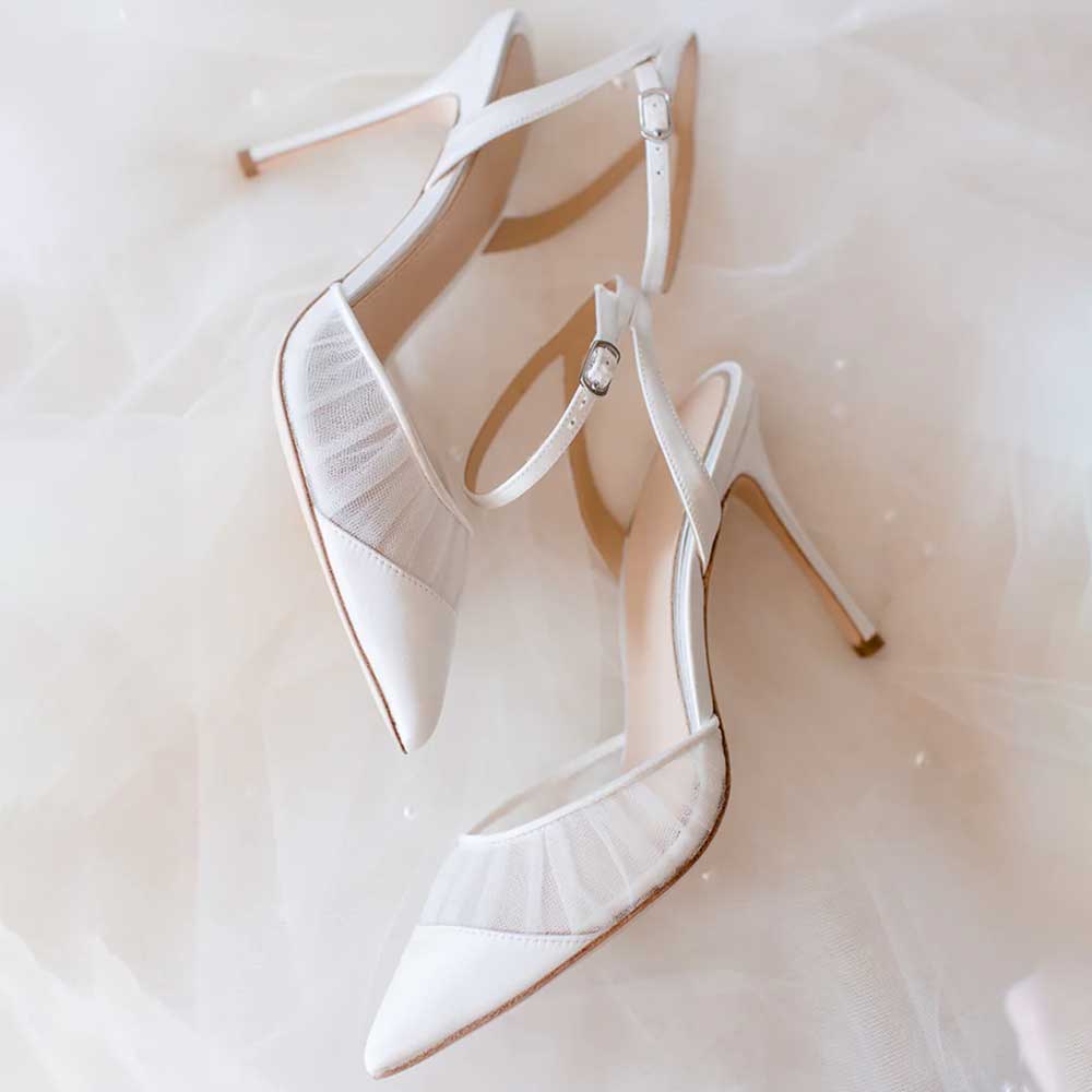 Elegant White Mesh & Satin Pointed Toe Pumps Shoes with Ankle Strap