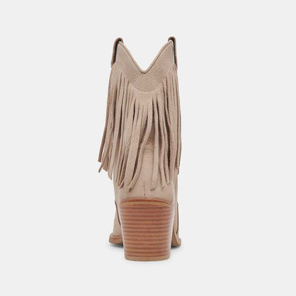 Beige Pointed Toe Fringe Ankle Length Cowgirl Boots with Chunky Heel