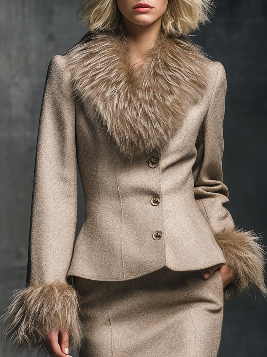 Fashionable And Elegant Fur Collar Light Khaki Woolen Jacket And Skirt Set