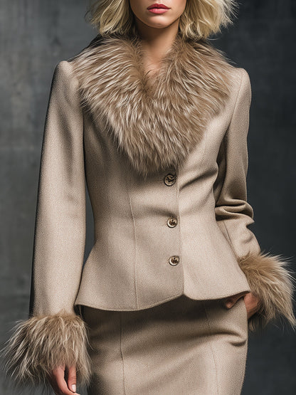 Fashionable And Elegant Fur Collar Light Khaki Woolen Jacket And Skirt Set