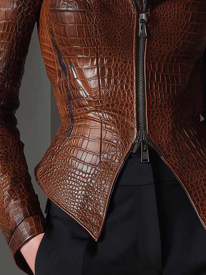 Eco Leather Croc-Embossed Fitted Jacket – Chestnut Brown