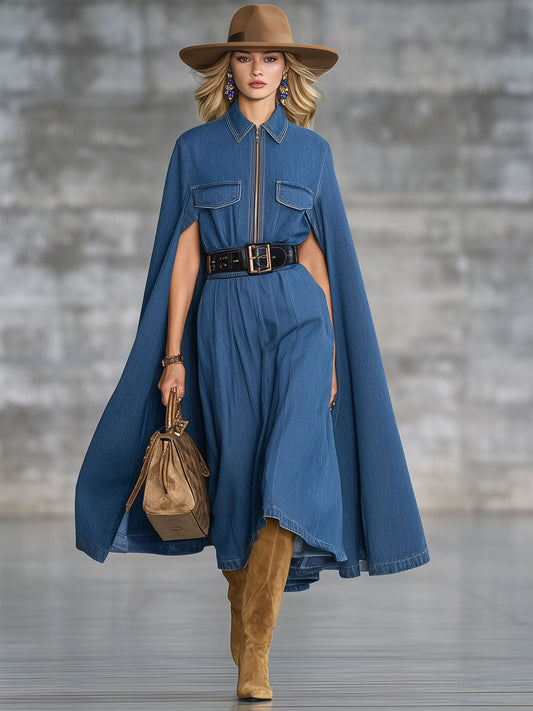 Fashion Retro Blue Denim Lace-Up Cape Zipper Midi Dress