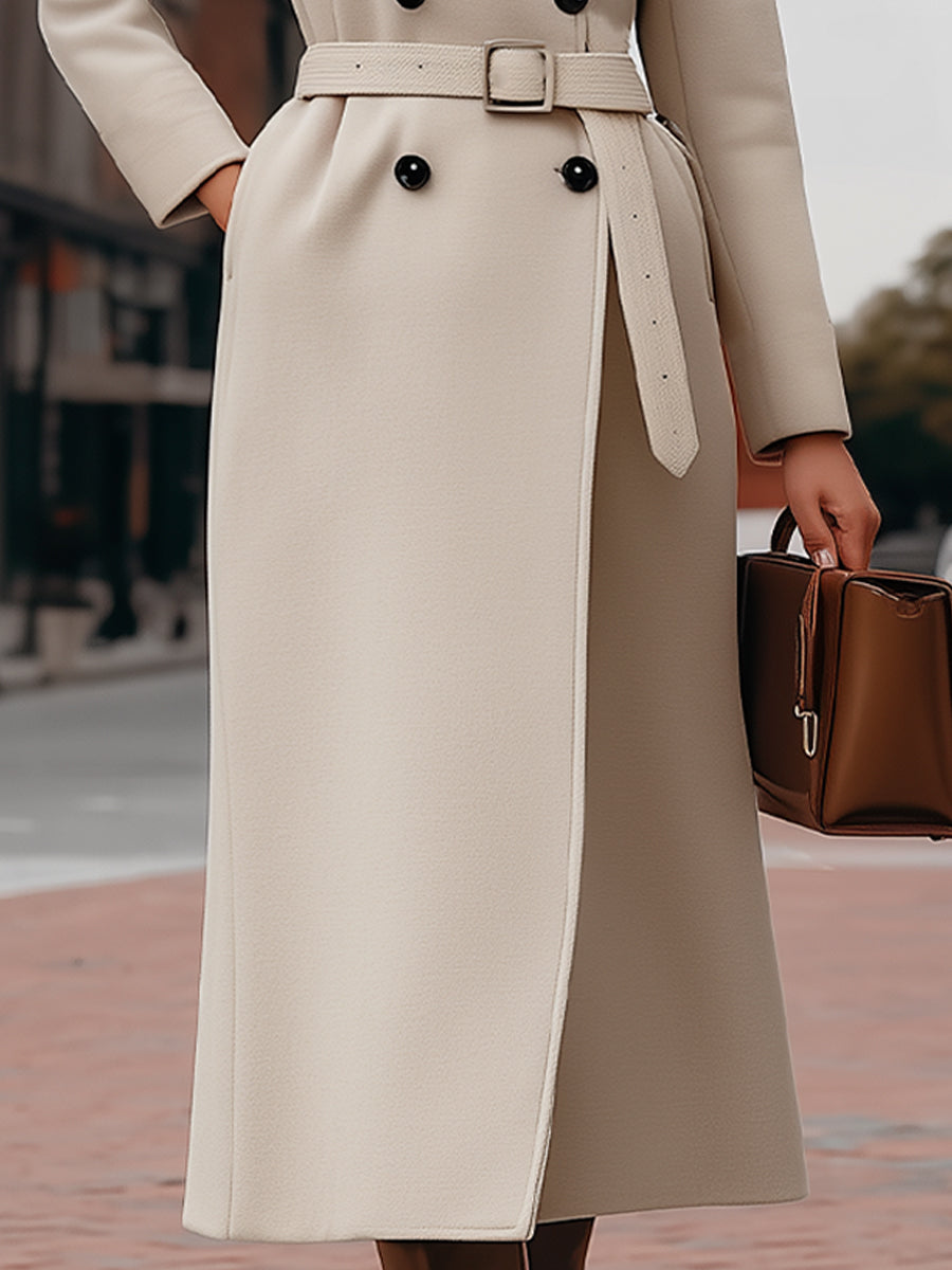 Elegant Beige Double - Breasted Belted Coat