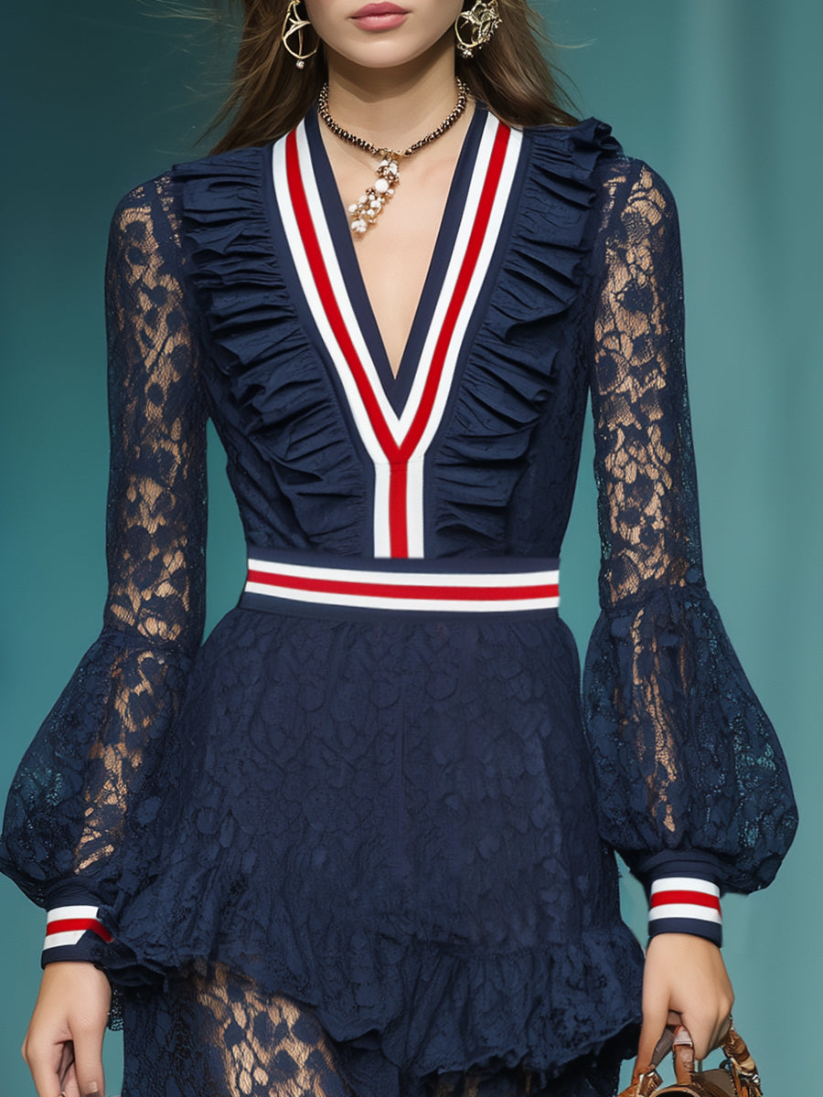 Fashionable And Elegant Red And White Stripes Navy Blue Lace Long-sleeved Maxi Dress