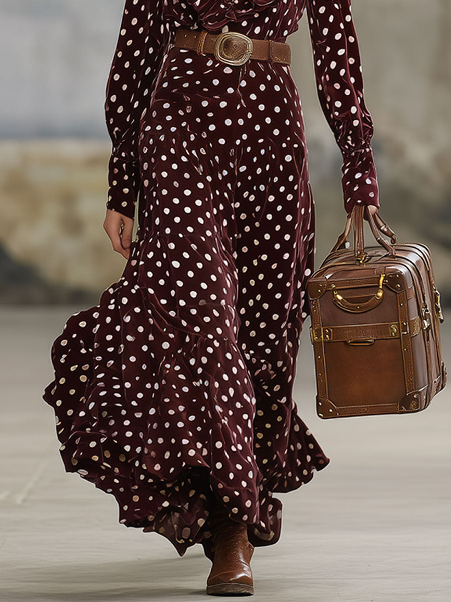 Fashion Retro Wine Red Velvet Polka Dot Print Long Sleeve Ruffled Maxi Dress