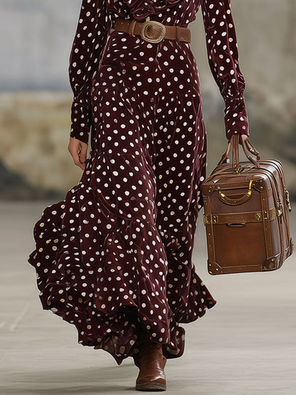 Fashion Retro Wine Red Velvet Polka Dot Print Long Sleeve Ruffled Maxi Dress