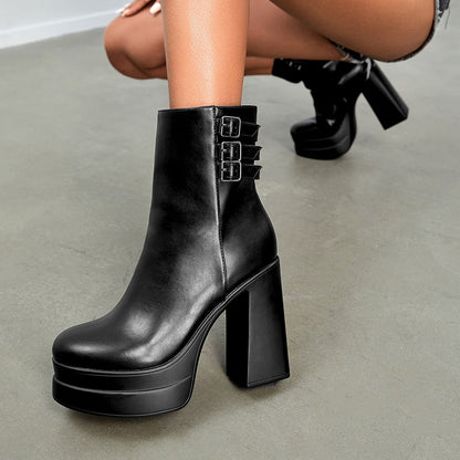 Full Black Platform Booties Round Toe Triple Buckle Heeled Boots