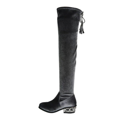 Deep Grey Round Toe Decorative Heel Fringe Tie Long Boots with Zipper