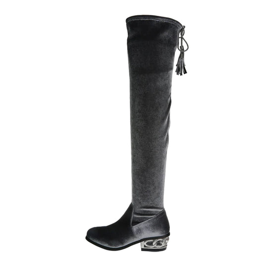 Deep Grey Round Toe Decorative Heel Fringe Tie Long Boots with Zipper