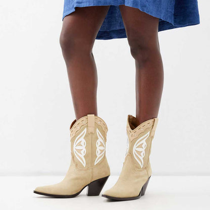 Beige Faux Suede Pointed Toe Chunky Heel Butterfly Cowgirl Boots