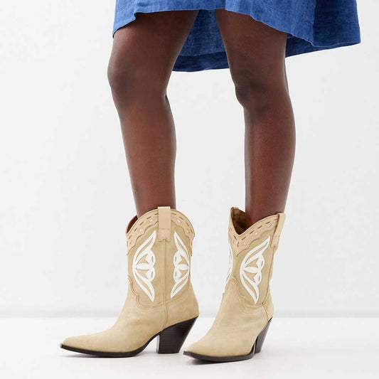 Beige Faux Suede Pointed Toe Chunky Heel Butterfly Cowgirl Boots