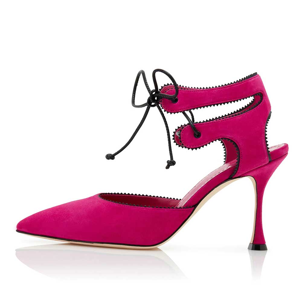 Fuchsia Pointed Toe Stiletto Heel Pumps Shoes with Lace-Up Detail