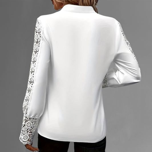 Elegant Stand Collar V Neck Guipure Lace Long Sleeve Blouse