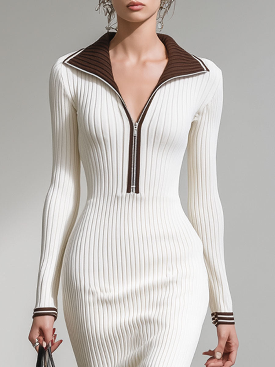 Fashion Retro Brown Trim White Knitted Ribbed Long-Sleeved Midi Dress