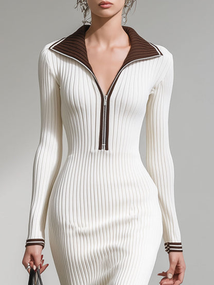 Fashion Retro Brown Trim White Knitted Ribbed Long-Sleeved Midi Dress