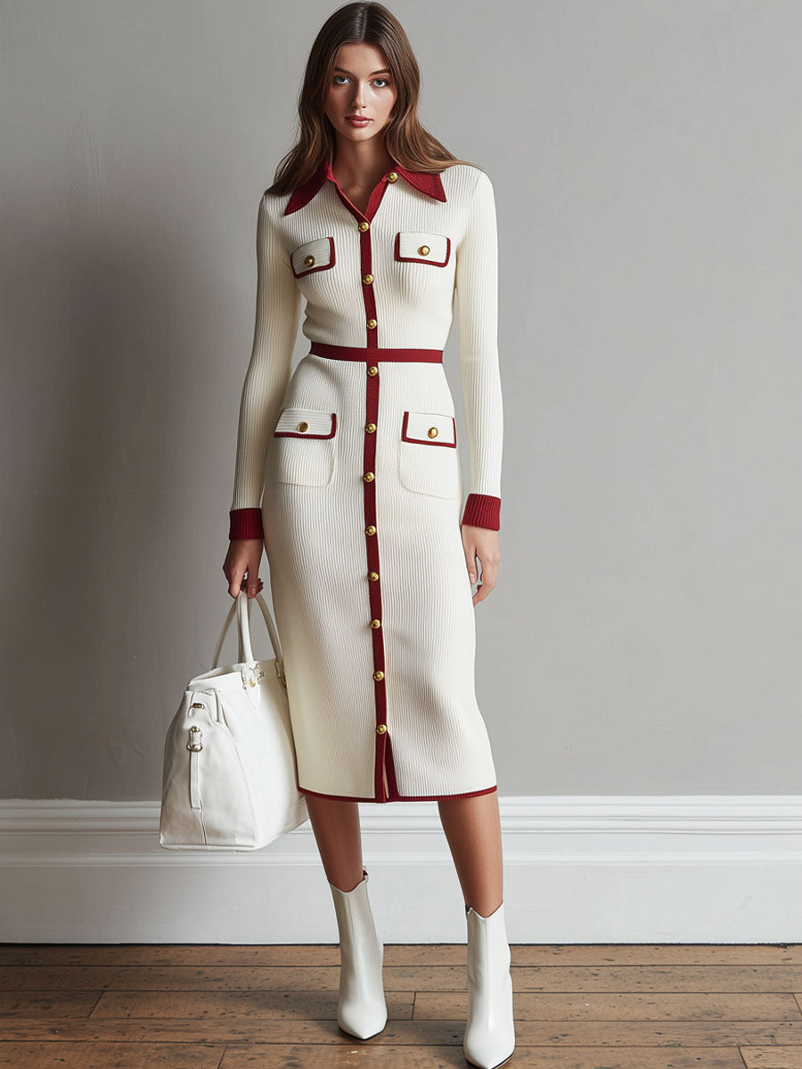 Elegant Lapel Contrast Shirt-style Knitted Midi Dress