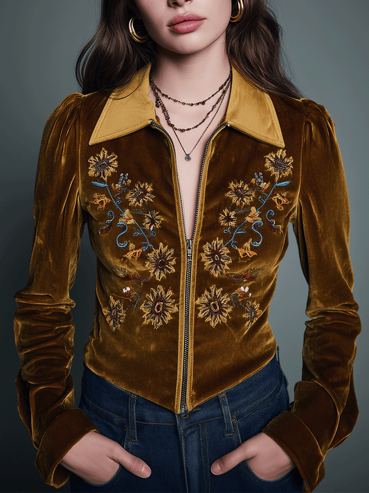 Embroidered Velvet Zip-Up Jacket