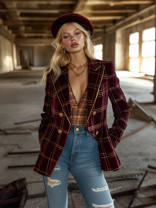 Elegant Retro Burgundy Plaid Print Velvet Blazer
