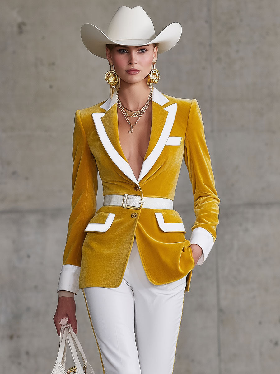 Elegant Lapel Contrasting Velvet Belt Blazer