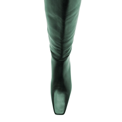 Dark Green Square Toe Kitten Heel Knee-High Tall Boots for Women