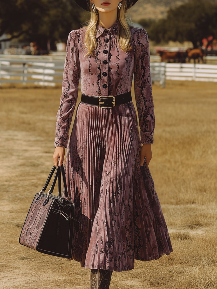 Western Nomadic Retro Purple Velvet Snake Print Pleated Midi Dress