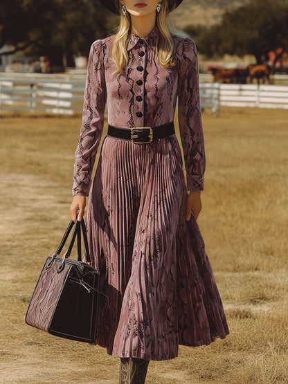 Western Nomadic Retro Purple Velvet Snake Print Pleated Midi Dress