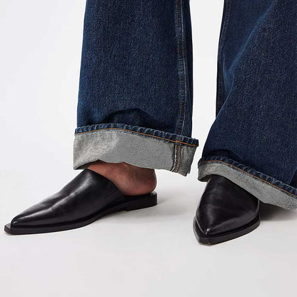 Elegant Black Closed Toe Slip On Flat Mule Shoes for Women