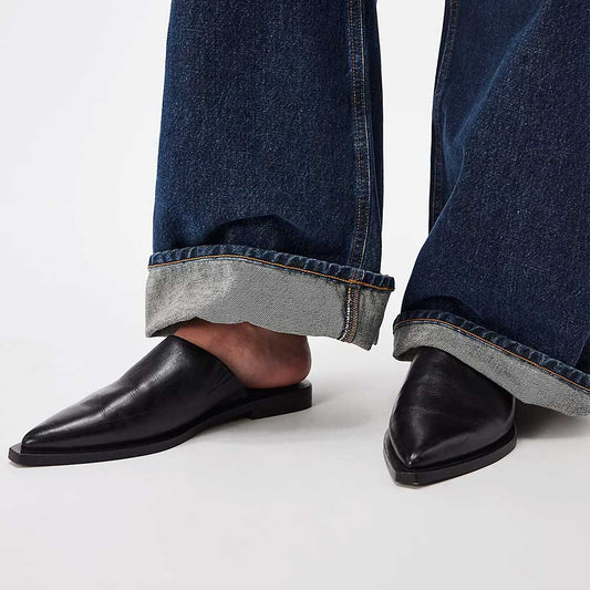 Elegant Black Closed Toe Slip On Flat Mule Shoes for Women